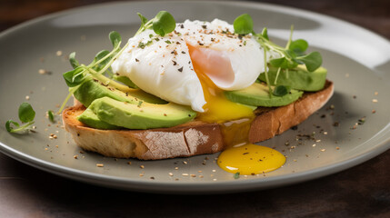 Gourmet Avocado Toast with Poached Egg, Healthy Breakfast Concept on a Modern Plate