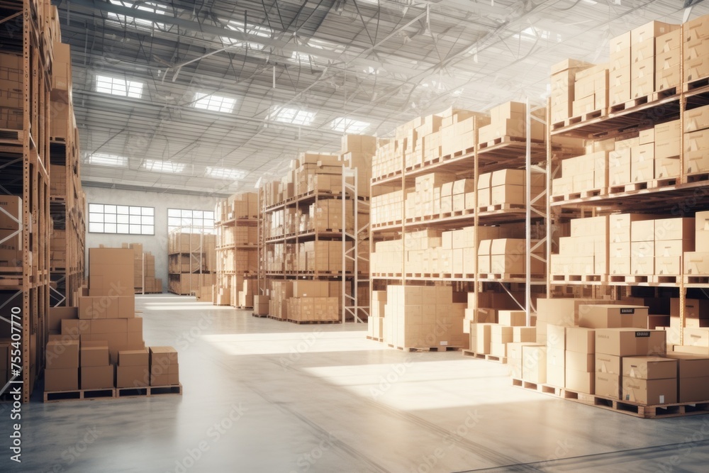 Poster a large warehouse filled with boxes. ideal for logistics and storage concepts