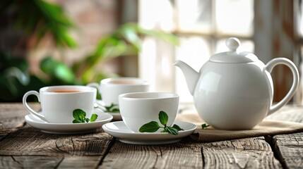Tea concept with white tea set of cups and teapot with fresh tea on wooden background with copy...