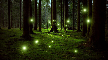 Dreamy green glowing fireflies in fairytale forest. - 755407727