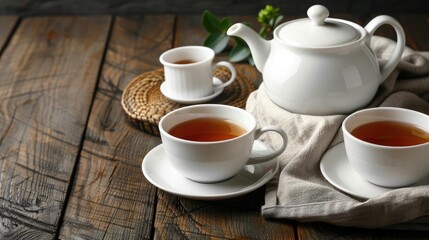 Tea concept with white tea set of cups and teapot with fresh tea on wooden background with copy...