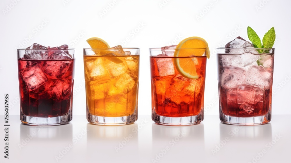 Poster row of various drinks in different glasses. ideal for beverage concept designs