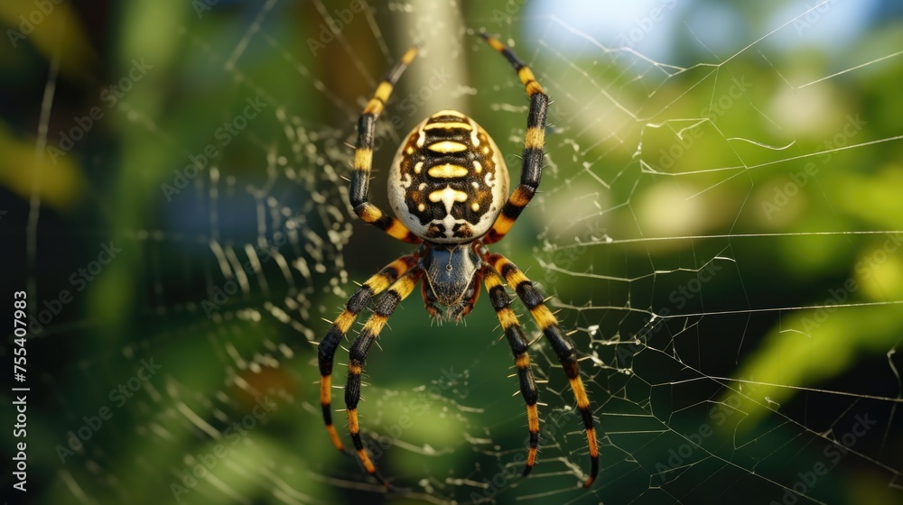 Poster detailed close up of a spider on a web. suitable for nature and wildlife concepts