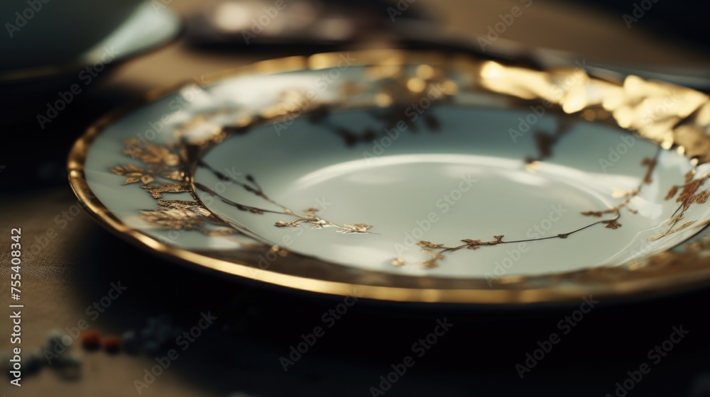 Poster a detailed view of a plate on a table, suitable for various concepts