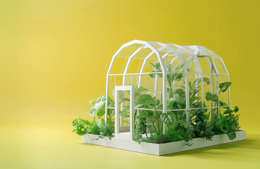 Modern high-tech greenhouse on a yellow background, smart agriculture concept