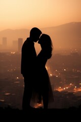 Silhouette of a man and woman kissing in front of a city. Perfect for romantic concepts