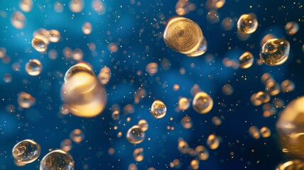 Golden shimmery core bubbles against blue background. Gold sphere. 