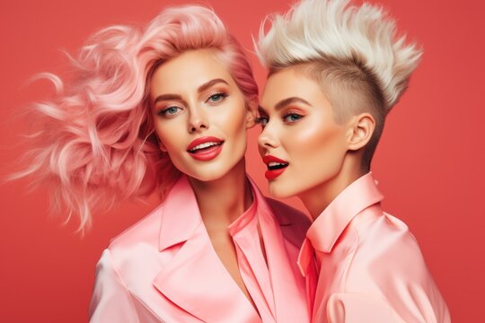 Two women with pink hair posing for a picture. Suitable for social media posts