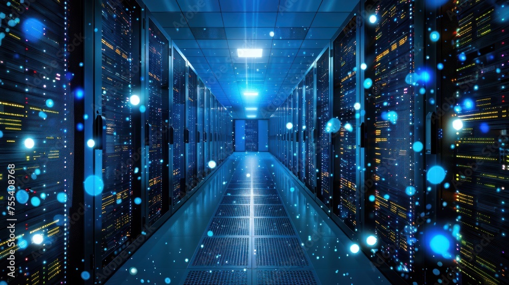 Poster internet concept data background,corridor in working data center full of rack servers and supercompu