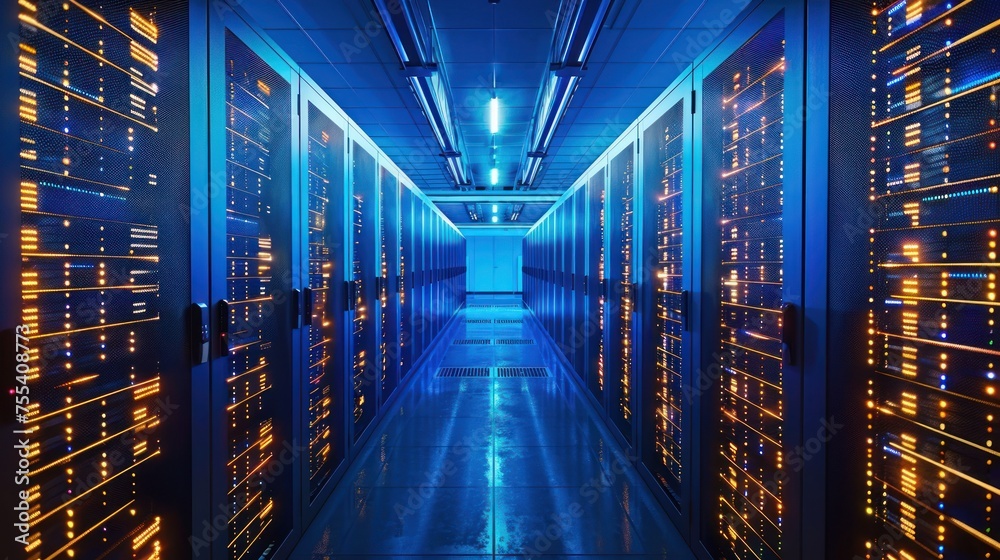 Poster internet concept data background,corridor in working data center full of rack servers and supercompu