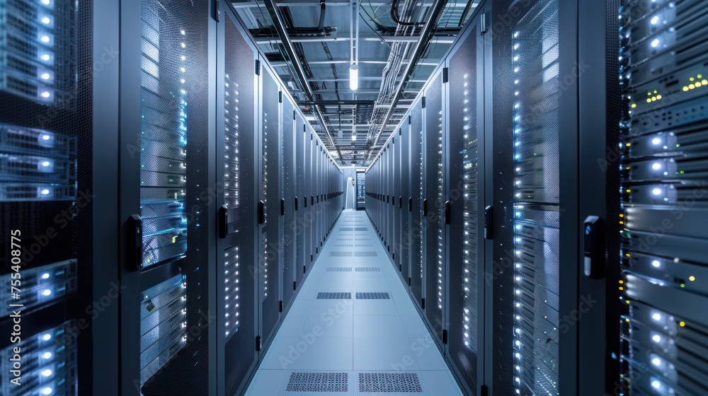 Poster internet concept data background,corridor in working data center full of rack servers and supercompu
