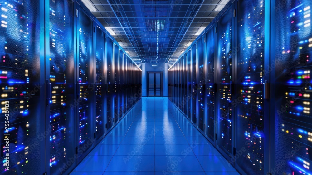 Poster internet concept data background,corridor in working data center full of rack servers and supercompu