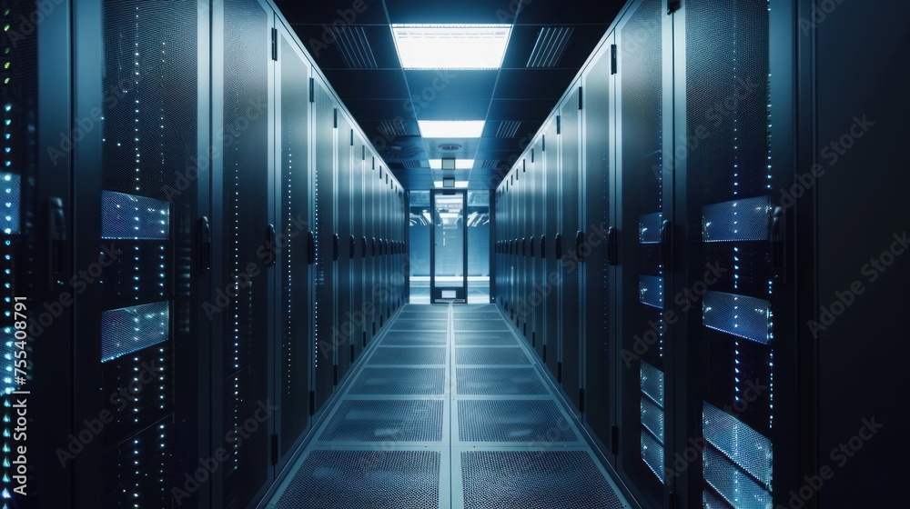 Poster internet concept data background,corridor in working data center full of rack servers and supercompu