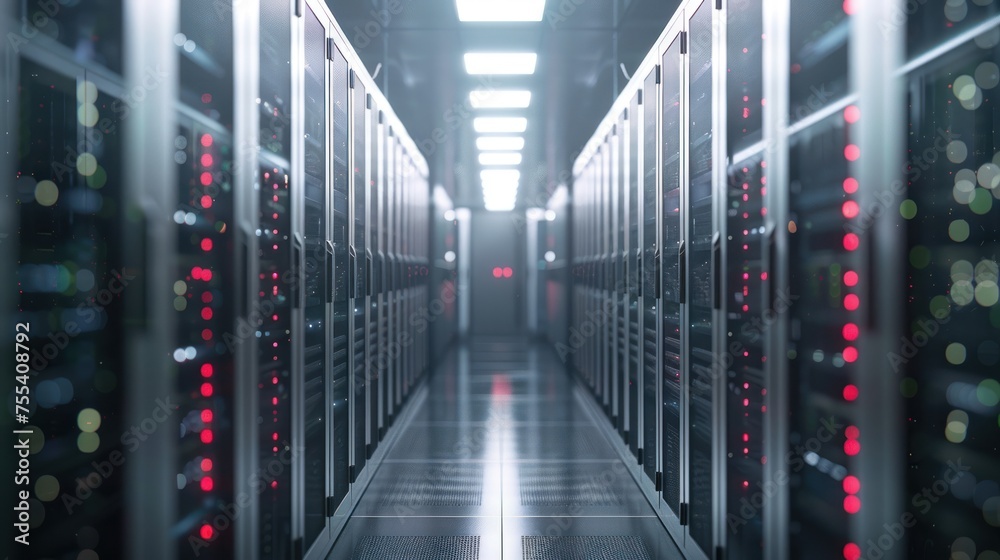 Poster internet concept data background,corridor in working data center full of rack servers and supercompu