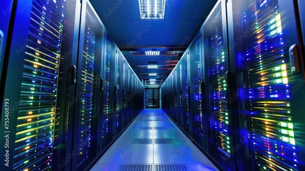 Poster internet concept data background,corridor in working data center full of rack servers and supercompu