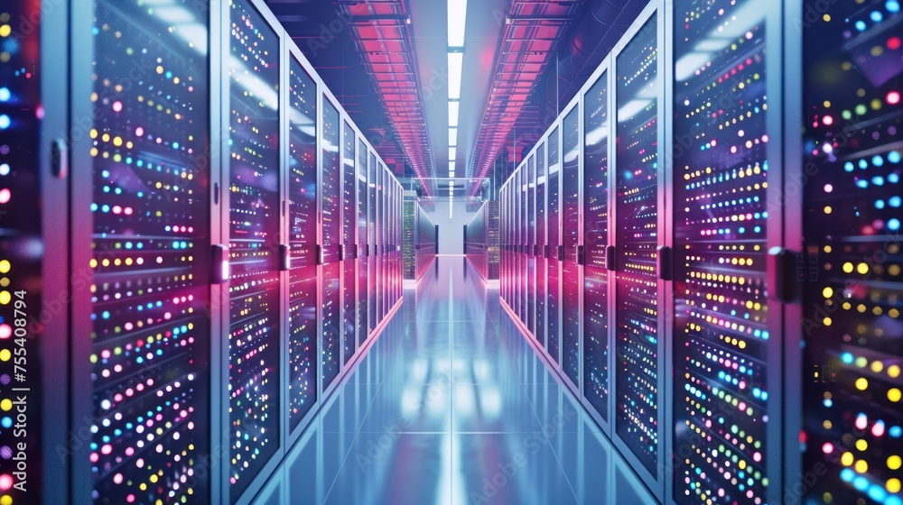 Poster internet concept data background,corridor in working data center full of rack servers and supercompu