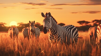 Fototapeta premium Group of zebras standing on grass field, suitable for wildlife or nature concepts