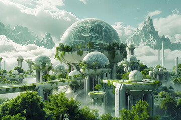 futuristic ecological city with dome, Green Eco Environmental Friendly Agricultural Farm Science Fiction Background.