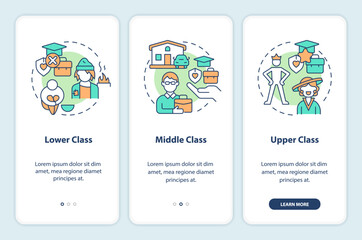 Class structure onboarding mobile app screen. Social stratification walkthrough 3 steps editable graphic instructions with linear concepts. UI, UX, GUI template. Myriad Pro-Bold, Regular fonts used