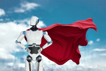 Super Robot assistant stands in a heroic pose with a red cape behind his back. Artificial...