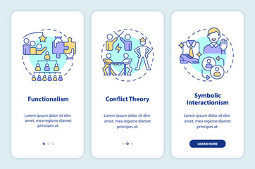 Theories of social stratification onboarding mobile app screen. Walkthrough 3 steps editable graphic instructions with linear concepts. UI, UX, GUI template. Myriad Pro-Bold, Regular fonts used