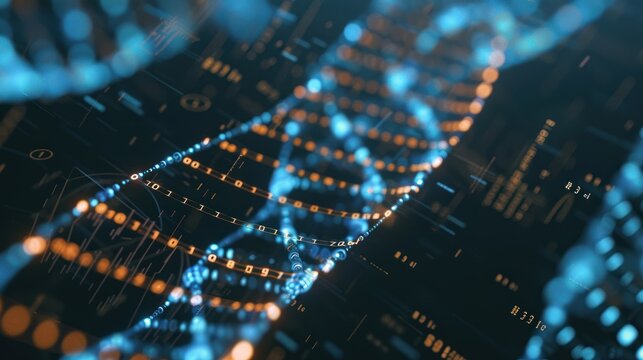 DNA strand, chemical symbols and data processing