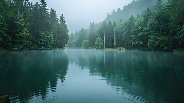 Summer lake on green nature landscape with beautiful scene background, generative ai