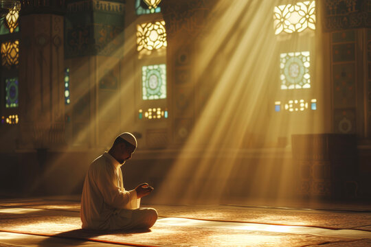 Man prays in mosque against windows with sun light in morning. Man turns face towards light seeking spiritual nourishment and guidance from heavens, sunlight