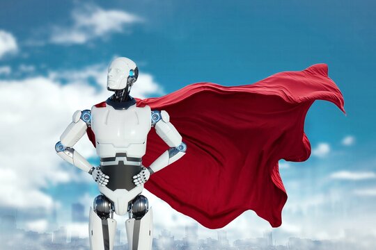 Super Robot assistant stands in a heroic pose with a red cape behind his back. Artificial intelligence help, robot to the rescue, neural networks, technology development. 3D renderer.