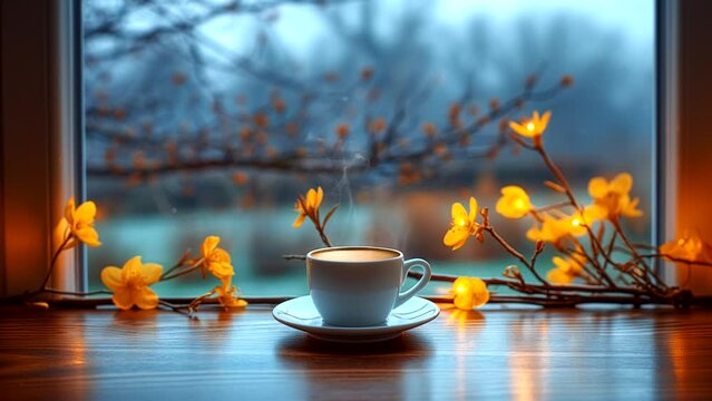 Tranquil Morning Coffee by the Window. seamless looping 4k time-lapse video background 