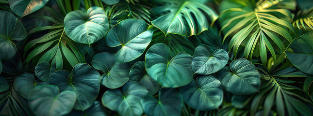 Lush green tropical leaves background, natural pattern with a variety of plant species.