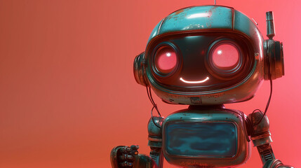 Friendly Red-Eyed Robot Smiling in Red Ambient Light, Approachable Technology Concept, Space for Text, AI-Generated