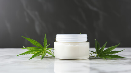 Obraz na płótnie Canvas Cannabis Cream in a Jar, Natural and Therapeutic, with Fresh Leaves on a Marble Surface. Copy space.