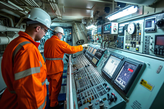 Crew operates ballast water treatment in commercial ship. Men oversee intake treatment and discharge of water to prevent spread pathogens