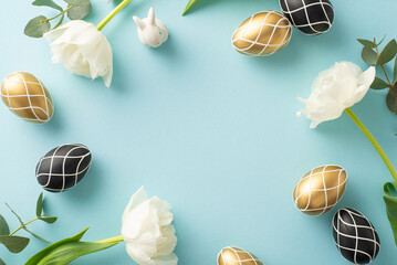 Premium Easter concept in a top-view photo. Showcases rich black and gold eggs, charming bunny...