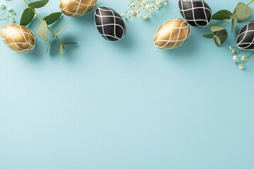 Easter devout design: Top view of elegant black and gold eggs, fresh eucalyptus greenery, delicate gypsophila, laid out on soft blue background, with space reserved for text or promotional content - obrazy, fototapety, plakaty