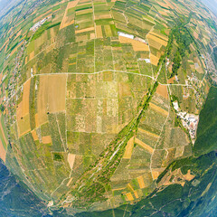 Lamia, Phthiotis, Greece. Panorama of the valley with fields. Olive trees, colorful fields. Summer, Cloudy weather. Aerial view