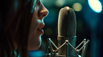 Close-up of singer with mic in studio - obrazy, fototapety, plakaty