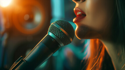 Close-up of singer with mic in studio - obrazy, fototapety, plakaty