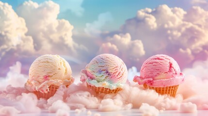 Obraz na płótnie Canvas Ice cream scoops among the clouds. Air ice cream. Light dessert taste