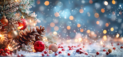 Fototapeta na wymiar Blurred Christmas glitter bokeh background with pine tree branches, pine cones, red berries, Christmas balls.