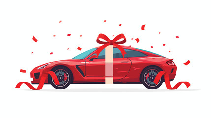 Poster with red machine and ribbon. Car gift concept