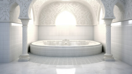 A tranquil Moroccan or Turkish hammam with a central marble bath and intricate architectural details, bathed in light - obrazy, fototapety, plakaty