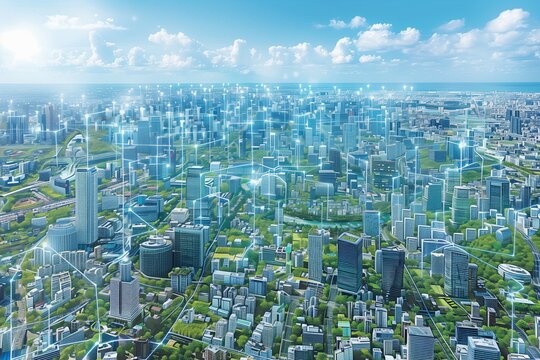 An image illustrating the concept of a smart city, with a focus on sustainability, technology, and community living. Generative AI