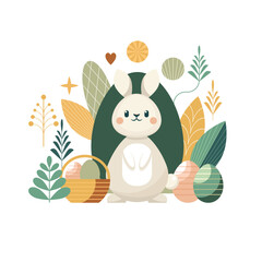 Cute Easter bunny basket and easter eggs. Happy Easter card design, trendy geometric style	
