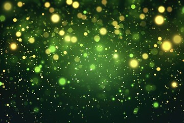 Green glitter particles, shine confetti and glowing lights effect. 