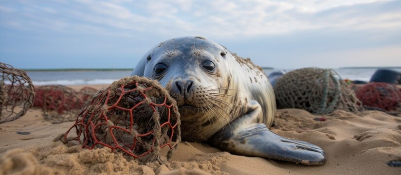 A seal, identified as an Atlantic Grey Seal, is lying on the sandy shore of Horsey Beach in Norfolk, England. The seal is holding a ball in its mouth, which it may have found or is playing with.