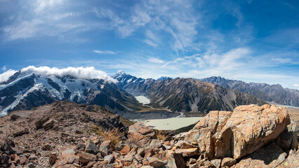 Breathtaking Views from Muller Hut Route with Mount Cook, Glacial Lake and Snowy Peaks in...