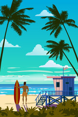 Tropical Beach Retro Poster, surfer with surfboard. Lifeguard house on the beach