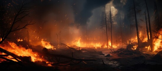 A wildfire rages, consuming the trees and undergrowth in a dense forest, sending plumes of smoke into the air. The intense flames create a harsh contrast against the greenery.